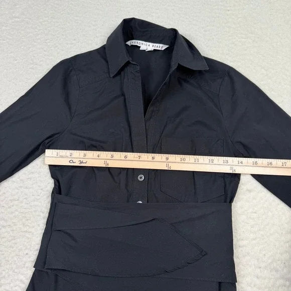 Veronica Beard Janelle Shirt Dress Size 00 Black Long Sleeve Tie Waist Midi - Picture 7 of 11